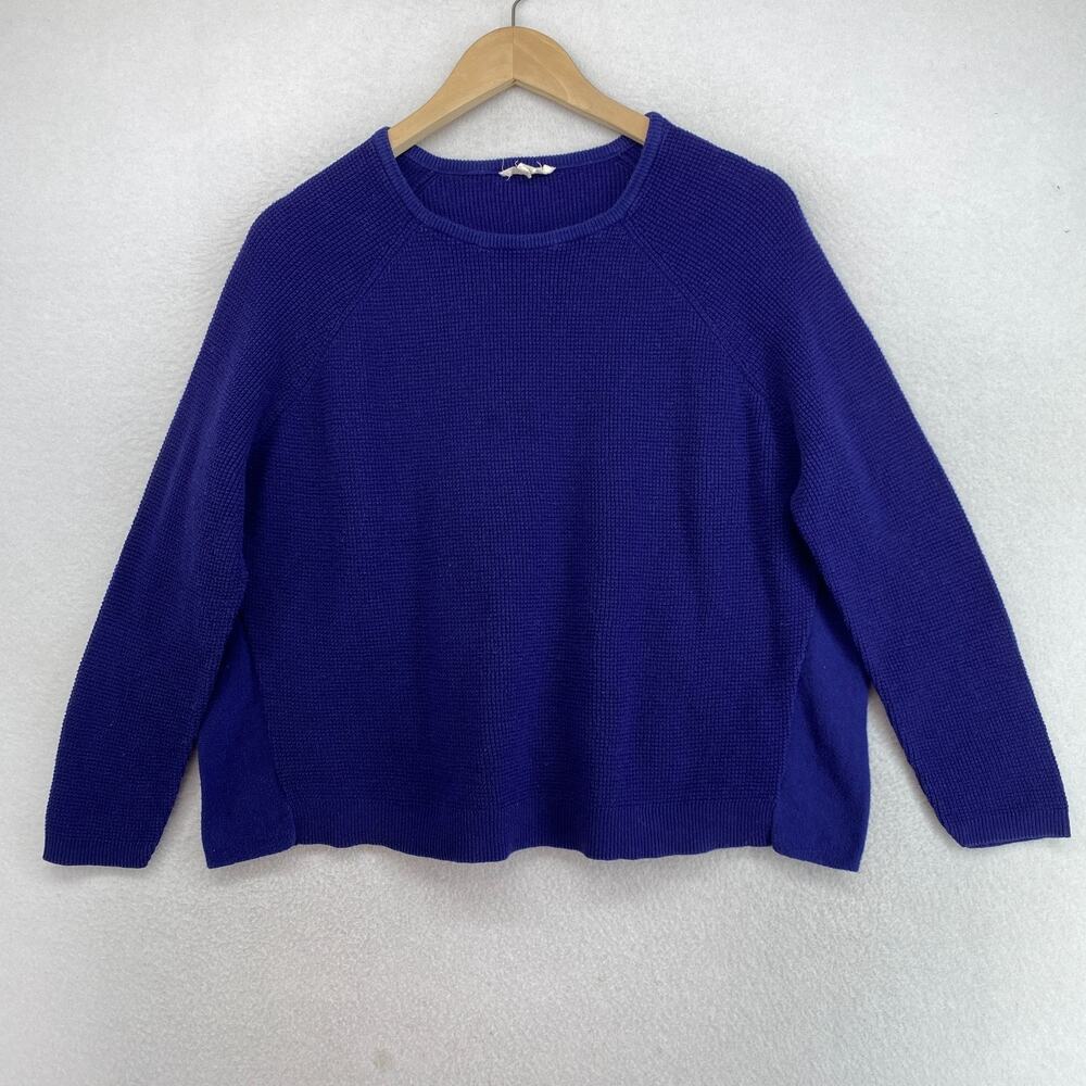 EILEEN FISHER Sweater XS Organic Cotton Waffle Boxy Thermal Stitch Pullover Blue
